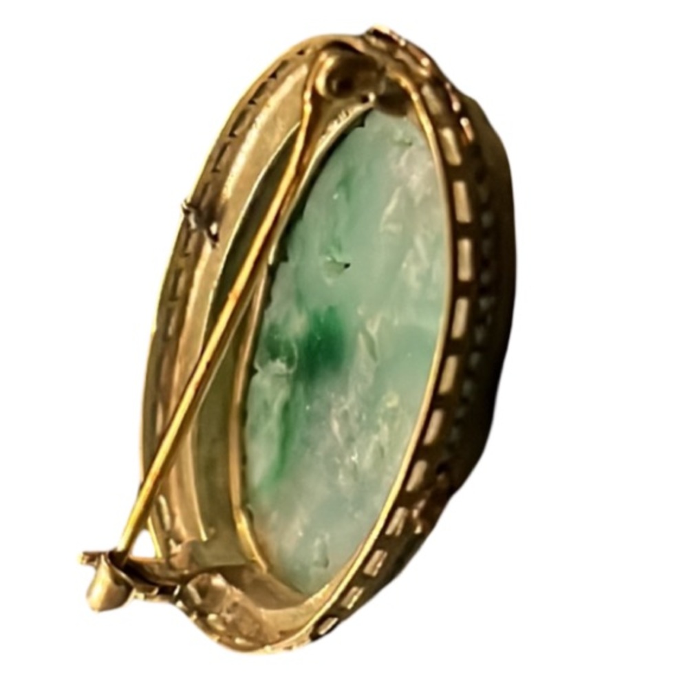 Antique Art Deco Gold Apple Jade Floral Cherry Blossom Pearl Lined Cameo Brooch - Picture 4 of 16